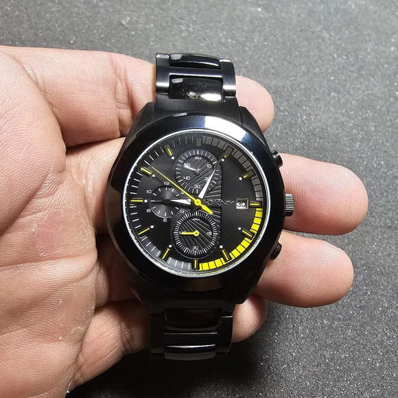 DKNY NY1283 Men's Round Chronograph Watch Black Steel Bracelet Yellow Black Dial - Picture 1 of 10